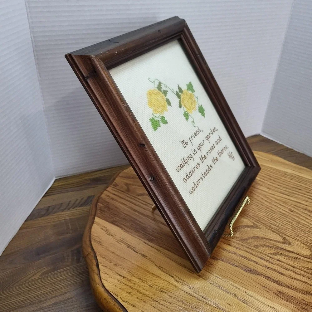 VTG Wood Framed Cross Stitch Needlepoint Friend Walking Garden Picture Roses
